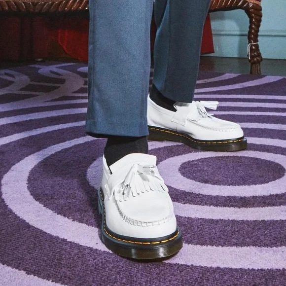 DR MARTENS ADRIAN YELLOW STITCH LEATHER TASSEL LOAFERS WHITE SMOOTH LEATHER - Picture 3 of 8